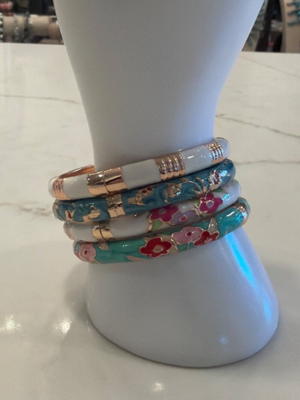Cloisonné Floral Enamel Bangle Set Multi Stackable One Size